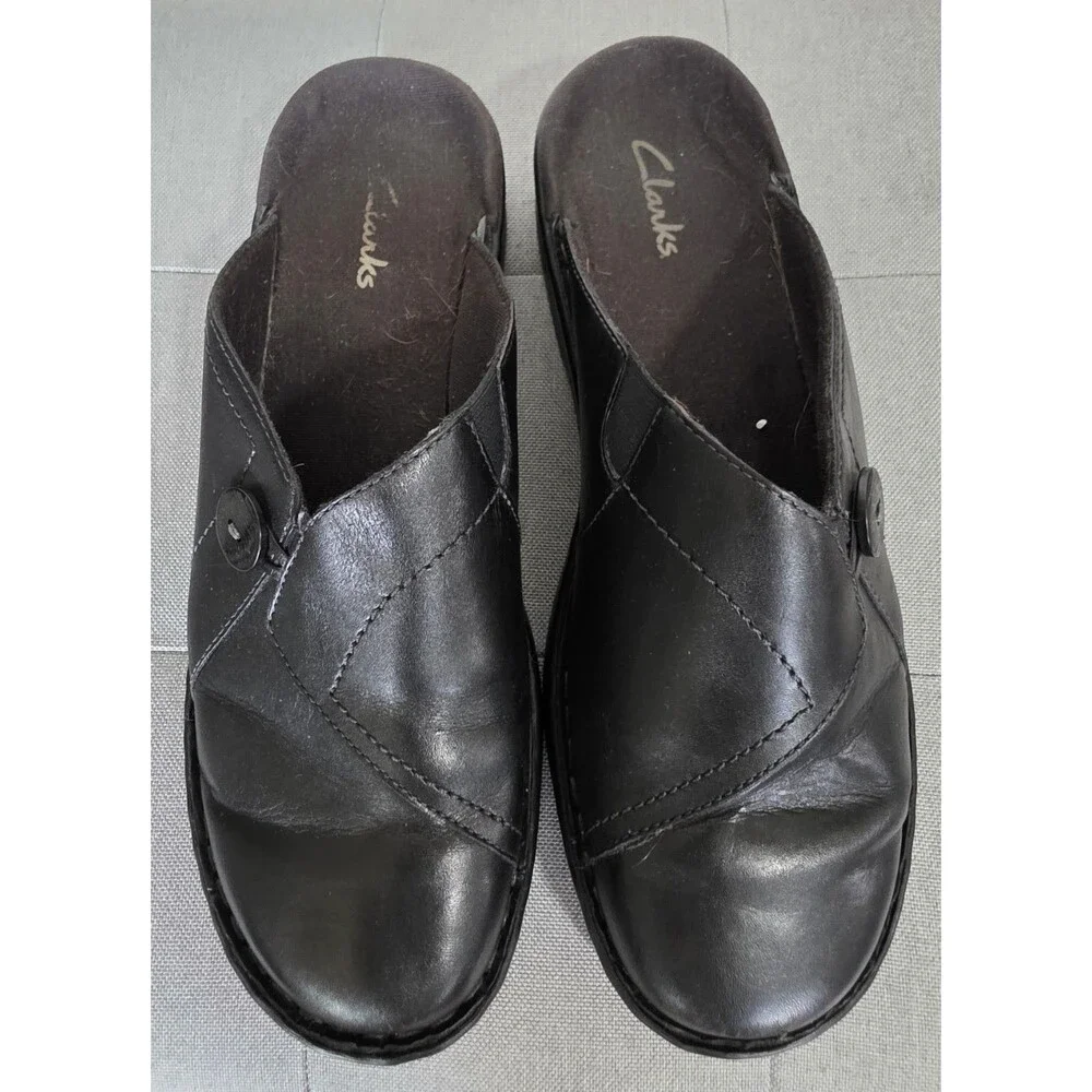 HtF AllYear Clark’s Black Leather Mules Slip On Clogs Wedge Heel Comfort Size 9M